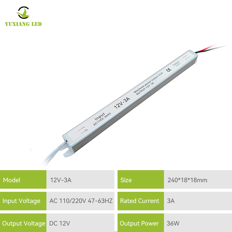 fonte de alimentação conduzida ultra fina ultra estreita prateada de 12V 3A 36W